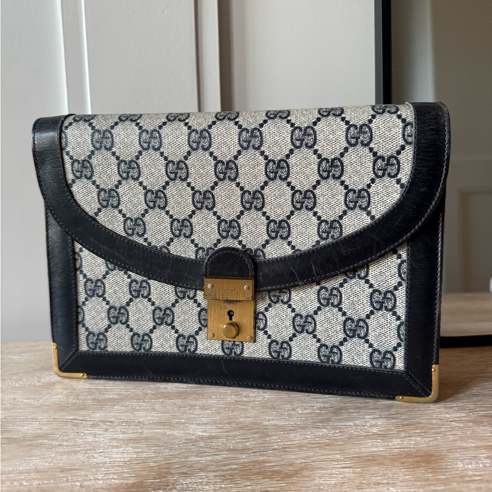 Vintage Gucci Gray and Black Monogram Clutch